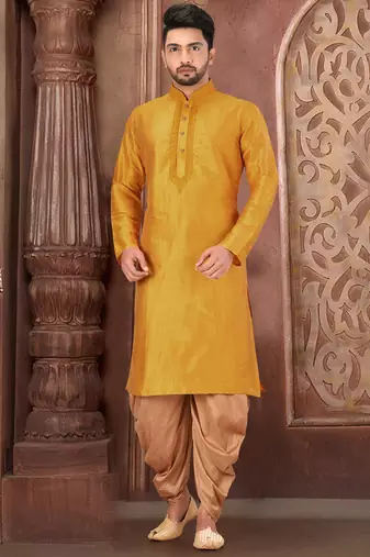Yellow dupion art silk kurta with computerised embroidery machine work churidar