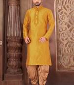 Yellow dupion art silk kurta with computerised embroidery machine work churidar