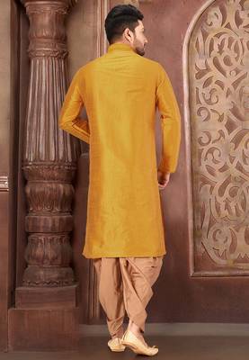 Yellow dupion art silk kurta with computerised embroidery machine work churidar 2