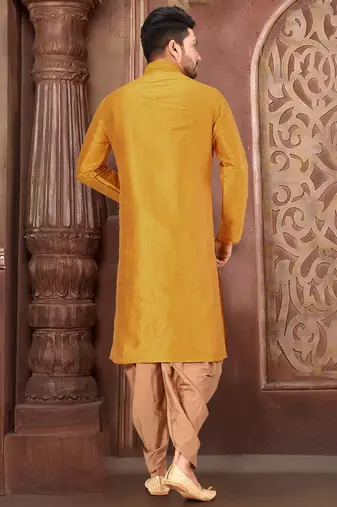 Yellow dupion art silk kurta with computerised embroidery machine work churidar