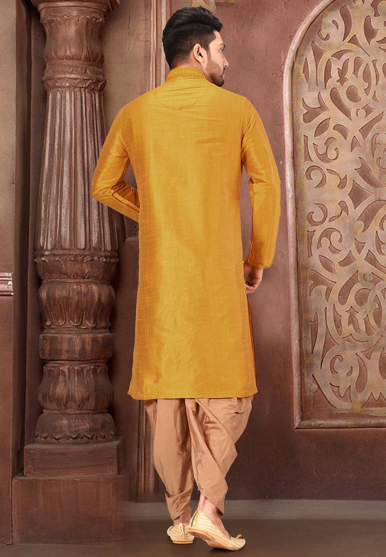 Yellow dupion art silk kurta with computerised embroidery machine work churidar