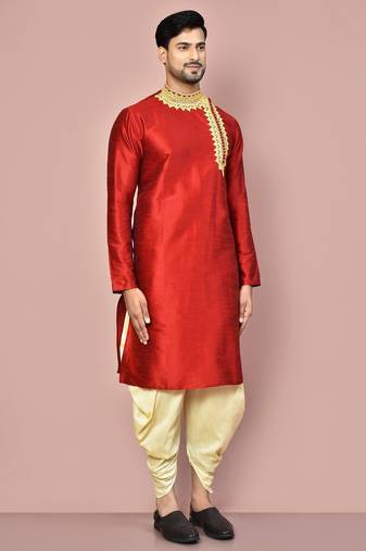 Red dupion art silk kurta with computerised embroidery machine work churidar