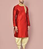 Red dupion art silk kurta with computerised embroidery machine work churidar