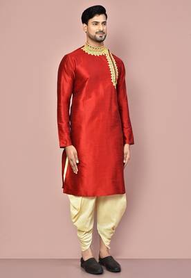 Red dupion art silk kurta with computerised embroidery machine work churidar 2