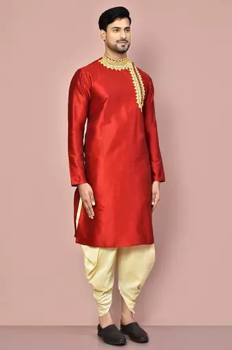 Red dupion art silk kurta with computerised embroidery machine work churidar