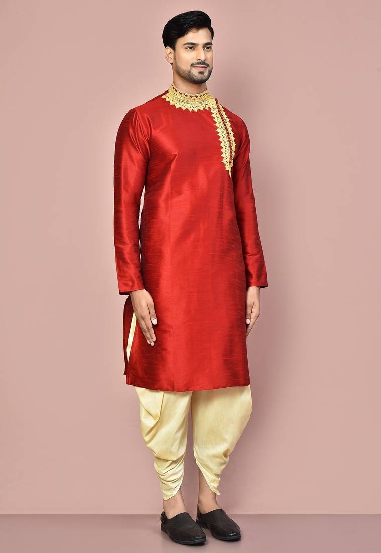 Red dupion art silk kurta with computerised embroidery machine work churidar