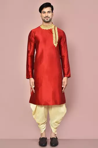 Red dupion art silk kurta with computerised embroidery machine work churidar