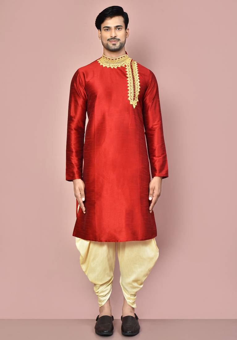 Red dupion art silk kurta with computerised embroidery machine work churidar