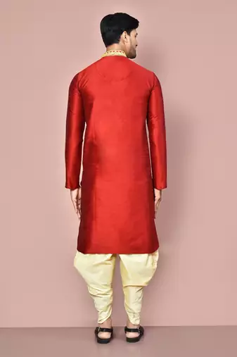 Red dupion art silk kurta with computerised embroidery machine work churidar