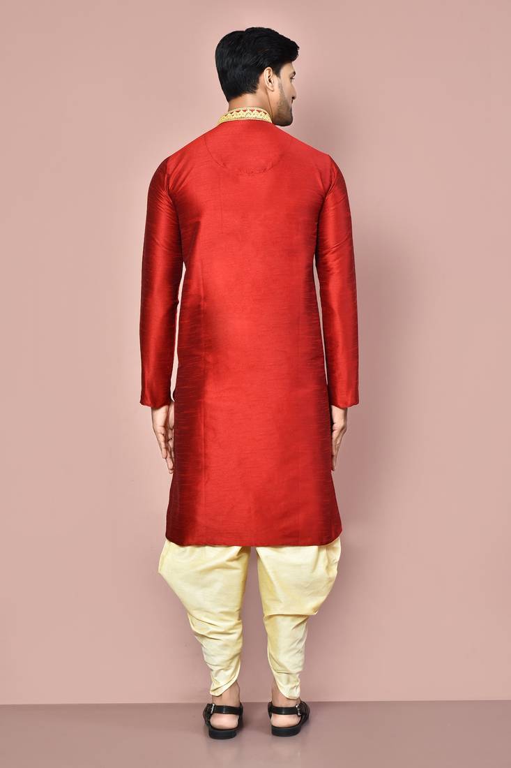 Red dupion art silk kurta with computerised embroidery machine work churidar
