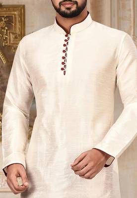 Cream dupion art silk  kurta with pattern work and 8 button churidar 2