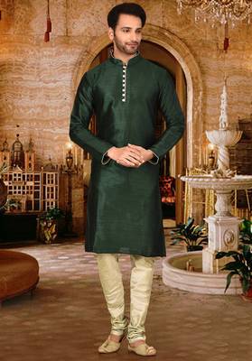 Bottle green dupion art silk  kurta with pattern work and 8 button churidar 1