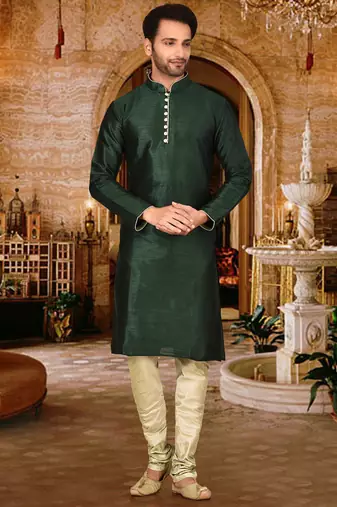 Bottle green dupion art silk  kurta with pattern work and 8 button churidar