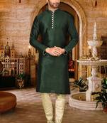 Bottle green dupion art silk  kurta with pattern work and 8 button churidar