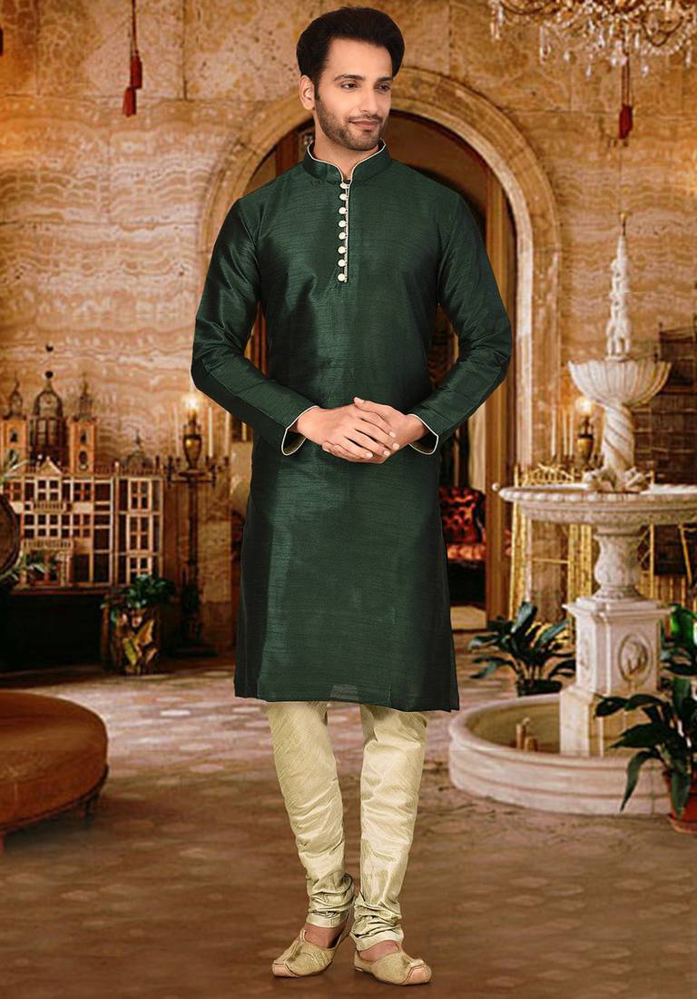 Bottle green dupion art silk  kurta with pattern work and 8 button churidar