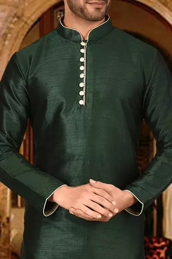 Bottle green dupion art silk  kurta with pattern work and 8 button churidar