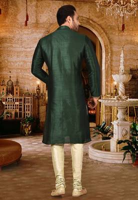 Bottle green dupion art silk  kurta with pattern work and 8 button churidar 3