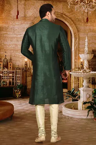 Bottle green dupion art silk  kurta with pattern work and 8 button churidar