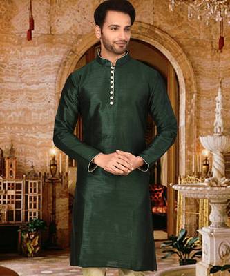Bottle green dupion art silk  kurta with pattern work and 8 button churidar 4