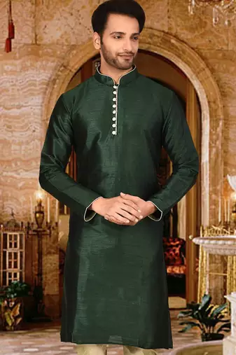 Bottle green dupion art silk  kurta with pattern work and 8 button churidar