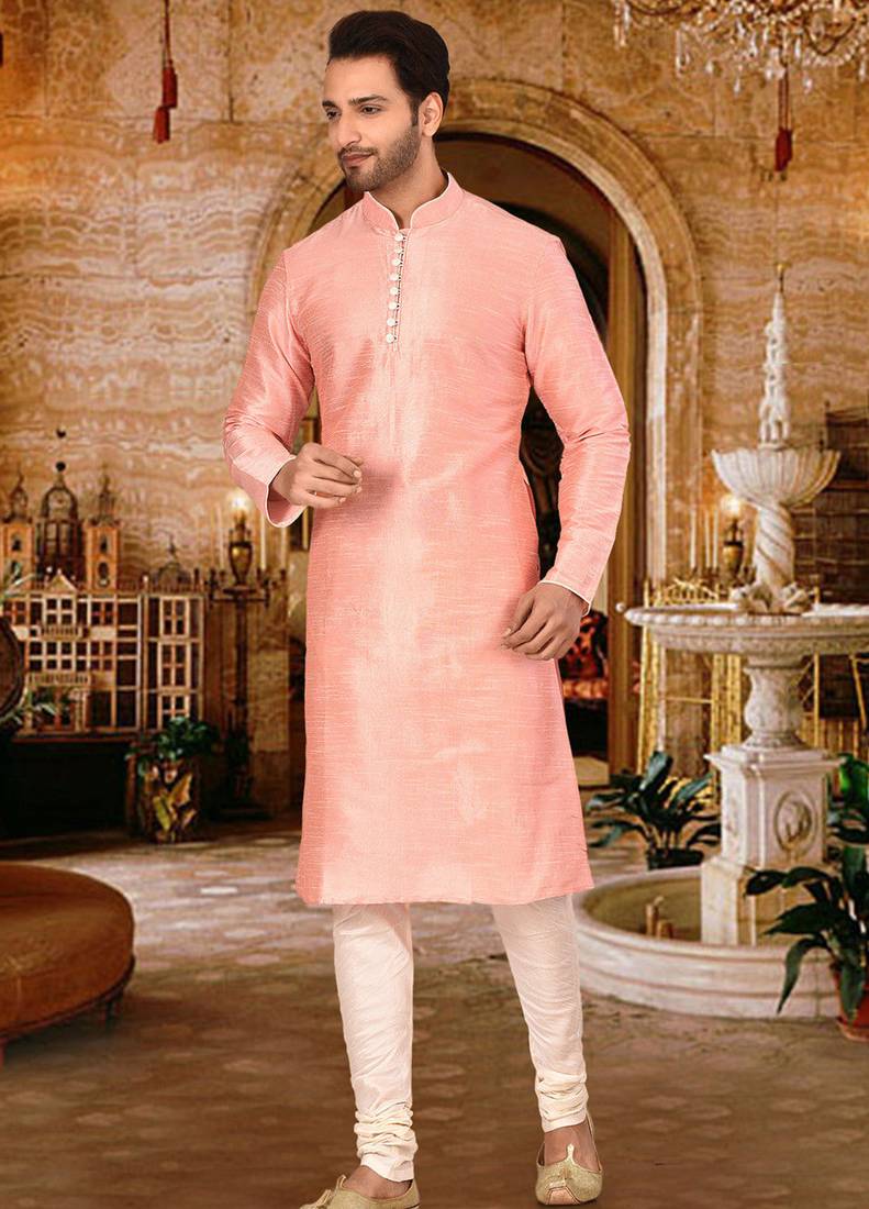 Pink dupion art silk  kurta with pattern work and 8 button churidar