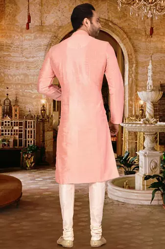 Pink dupion art silk  kurta with pattern work and 8 button churidar