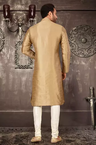 Beige dupion art silk  kurta with pattern work and 8 button churidar