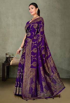 Purple Banarasi Satin Silk Saree with Rich Gold Zari Paisley Weaving and Traditional Pallu 1