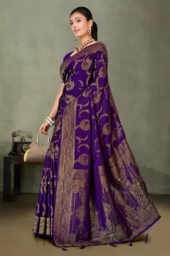 Purple Banarasi Satin Silk Saree with Rich Gold Zari Paisley Weaving and Traditional Pallu