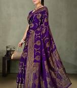 Purple Banarasi Satin Silk Saree with Rich Gold Zari Paisley Weaving and Traditional Pallu