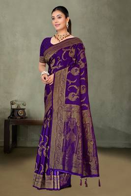 Purple Banarasi Satin Silk Saree with Rich Gold Zari Paisley Weaving and Traditional Pallu 2