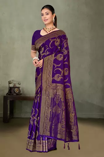 Purple Banarasi Satin Silk Saree with Rich Gold Zari Paisley Weaving and Traditional Pallu