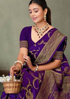 Purple Banarasi Satin Silk Saree with Rich Gold Zari Paisley Weaving and Traditional Pallu 3