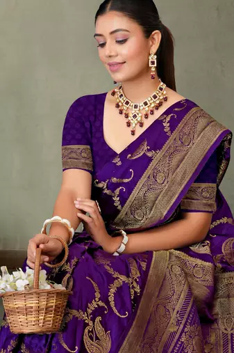 Purple Banarasi Satin Silk Saree with Rich Gold Zari Paisley Weaving and Traditional Pallu