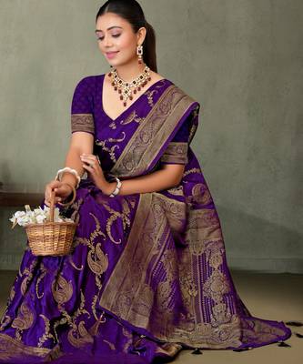 Purple Banarasi Satin Silk Saree with Rich Gold Zari Paisley Weaving and Traditional Pallu 4