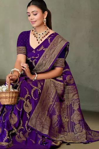 Purple Banarasi Satin Silk Saree with Rich Gold Zari Paisley Weaving and Traditional Pallu