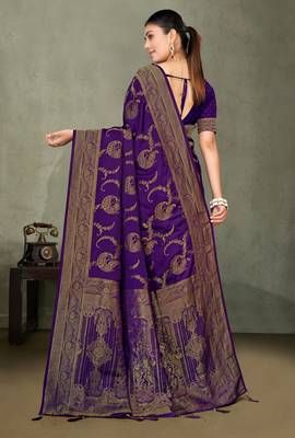 Purple Banarasi Satin Silk Saree with Rich Gold Zari Paisley Weaving and Traditional Pallu 5