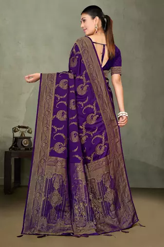 Purple Banarasi Satin Silk Saree with Rich Gold Zari Paisley Weaving and Traditional Pallu