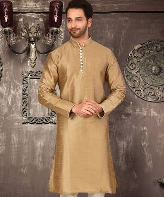 Beige dupion art silk  kurta with pattern work and 8 button churidar 3