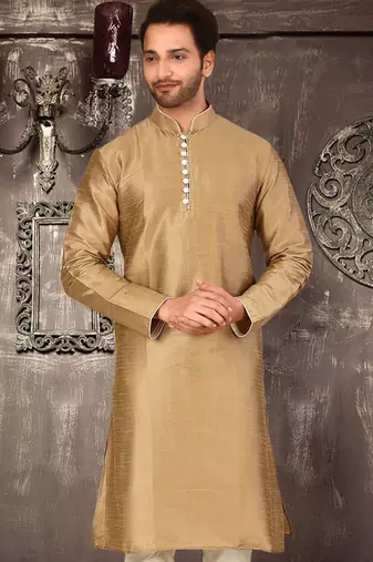 Beige dupion art silk  kurta with pattern work and 8 button churidar