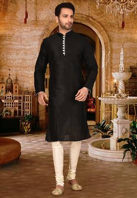 Black dupion art silk  kurta with pattern work and 8 button churidar 1