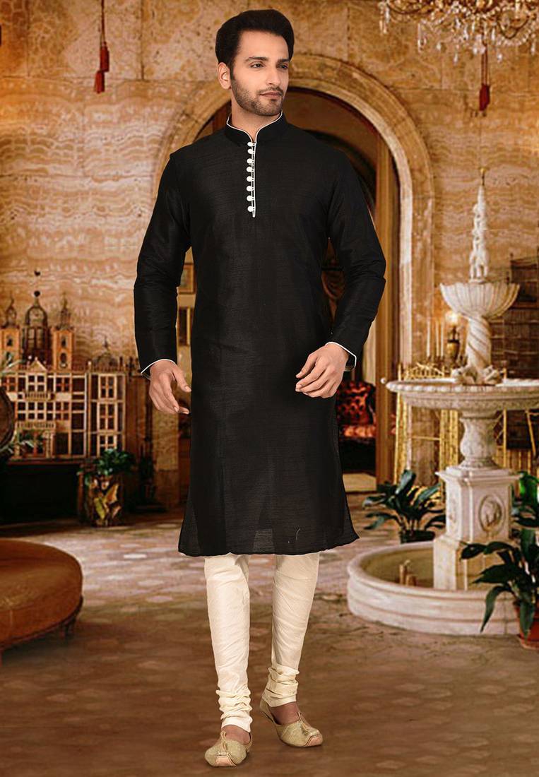 Black dupion art silk  kurta with pattern work and 8 button churidar