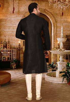 Black dupion art silk  kurta with pattern work and 8 button churidar 3