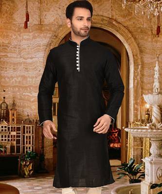 Black dupion art silk  kurta with pattern work and 8 button churidar 4