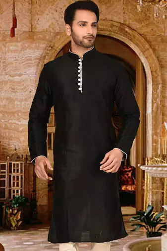 Black dupion art silk  kurta with pattern work and 8 button churidar