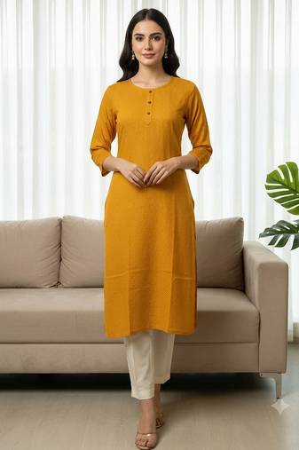 Mustrad yellow printed cotton kurti
