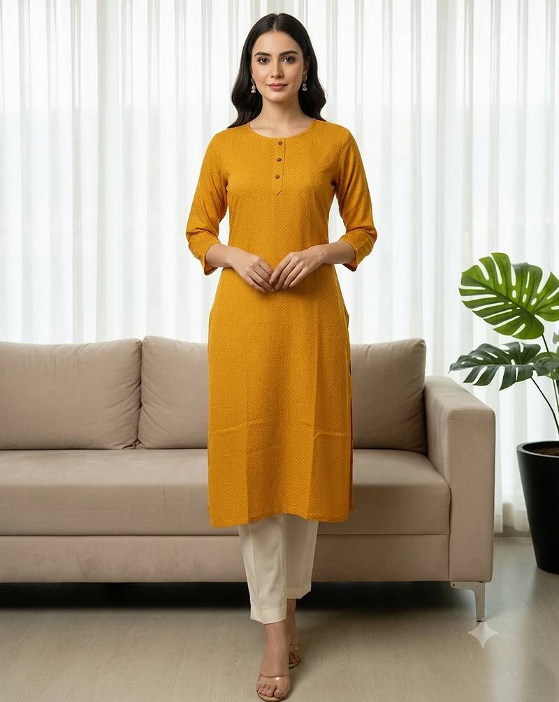 Mustrad yellow printed cotton kurti