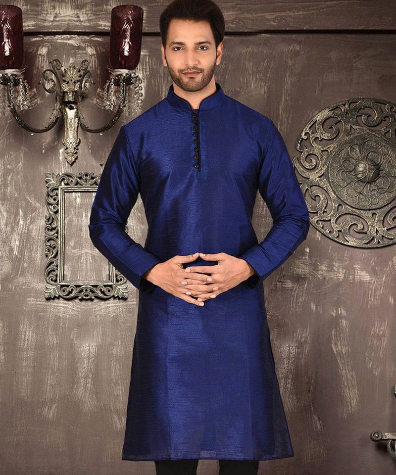 Royal blue dupion art silk  kurta with pattern work and 8 button churidar