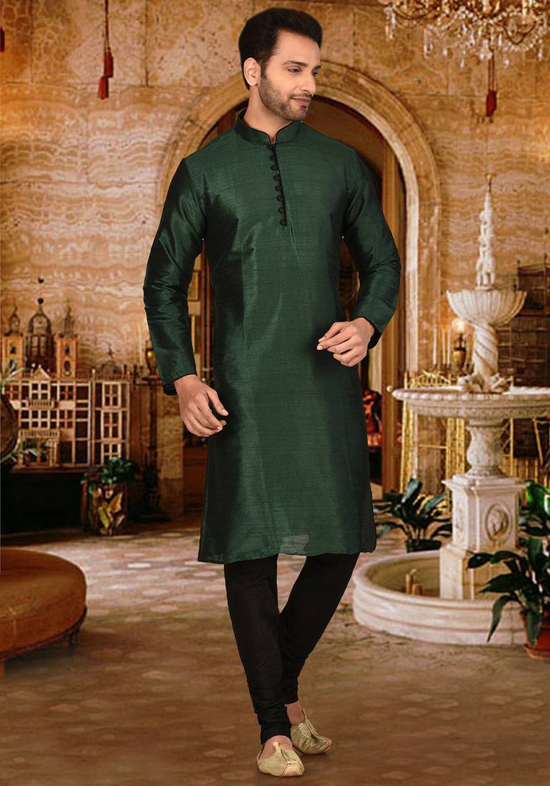 Bottle green dupion art silk  kurta with pattern work and 8 button churidar