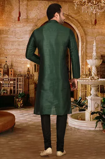 Bottle green dupion art silk  kurta with pattern work and 8 button churidar